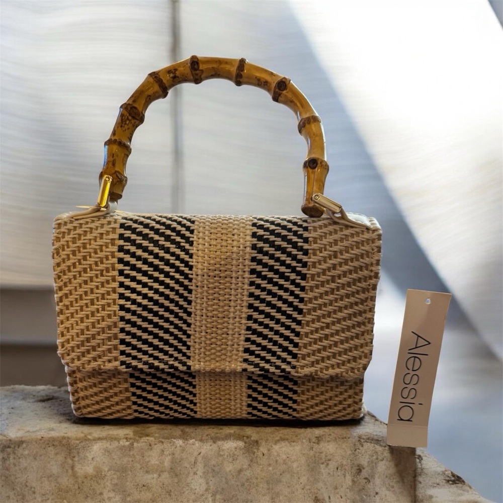 Alessia Straw Top-Handle Bag in Natural and Black